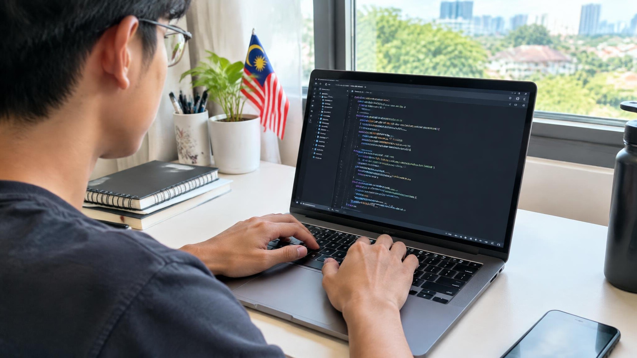 Person typing on a laptop with lines of code visible on the screen in a bright study room