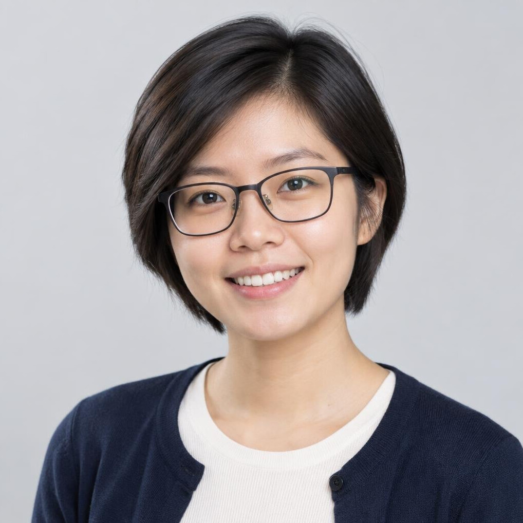 Studio portrait of a young Malaysian Chinese woman with glasses smiling