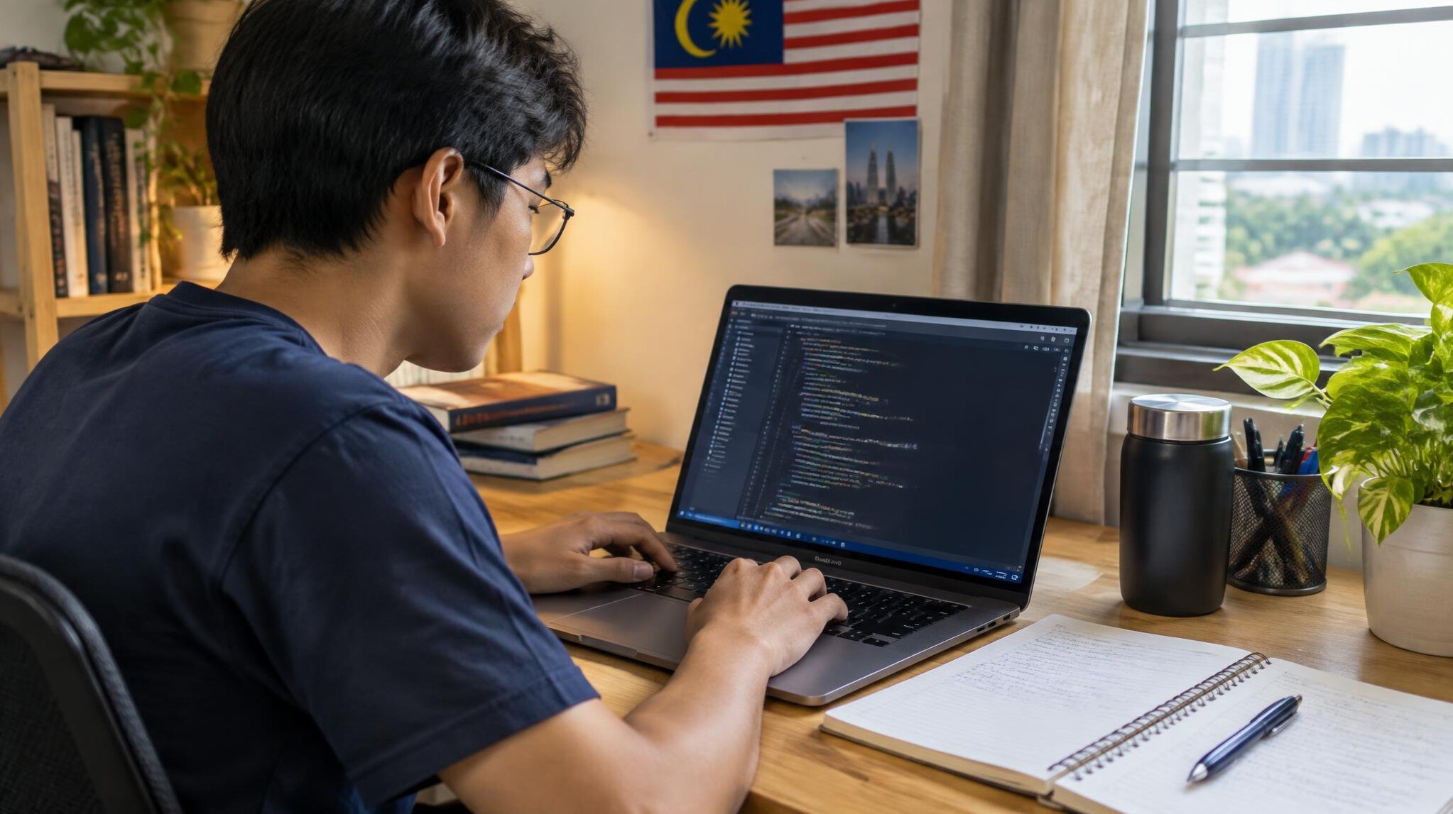 Young student sitting at a desk with a laptop and open notebook, focused on studying