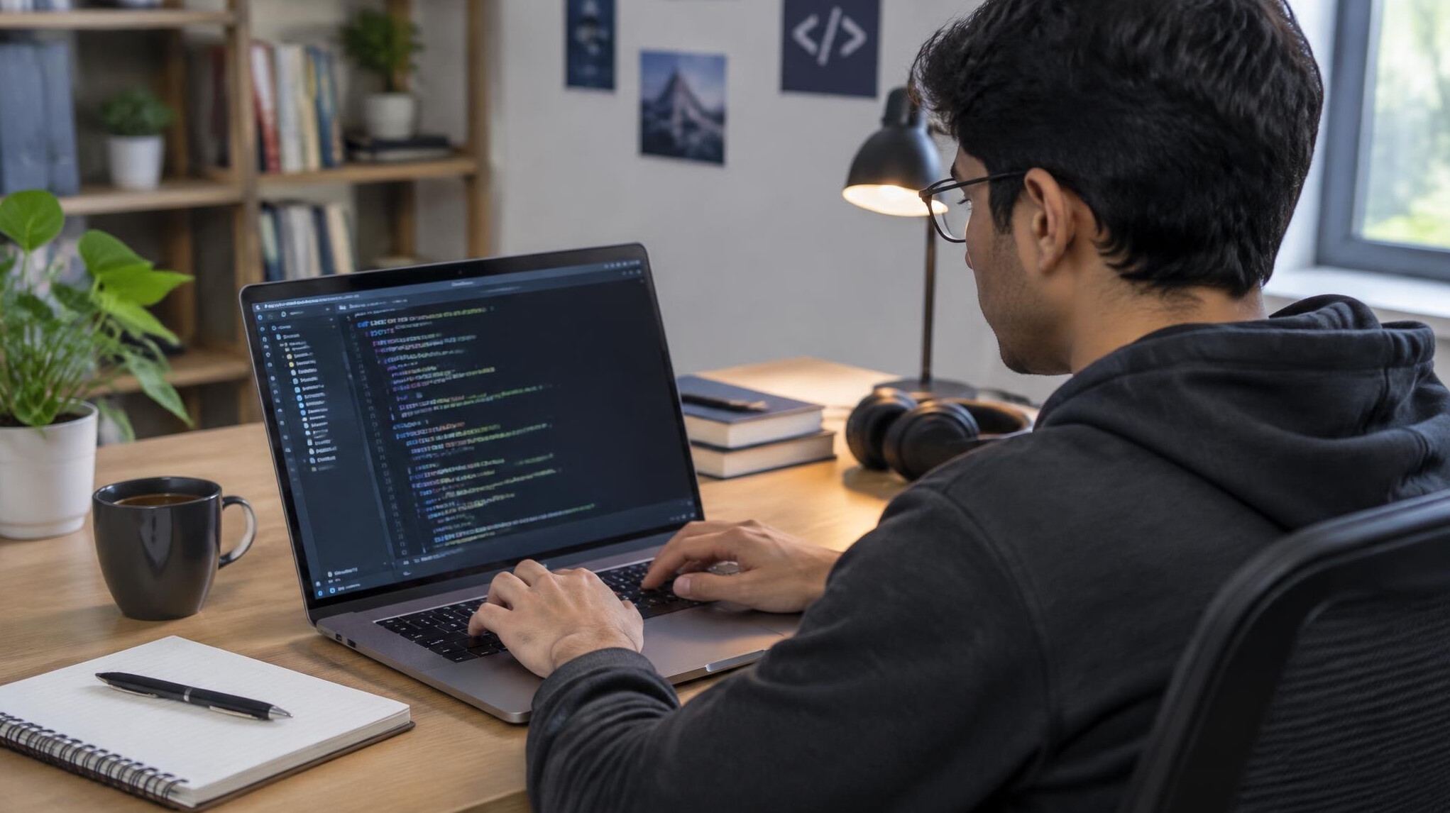programmer typing code on laptop